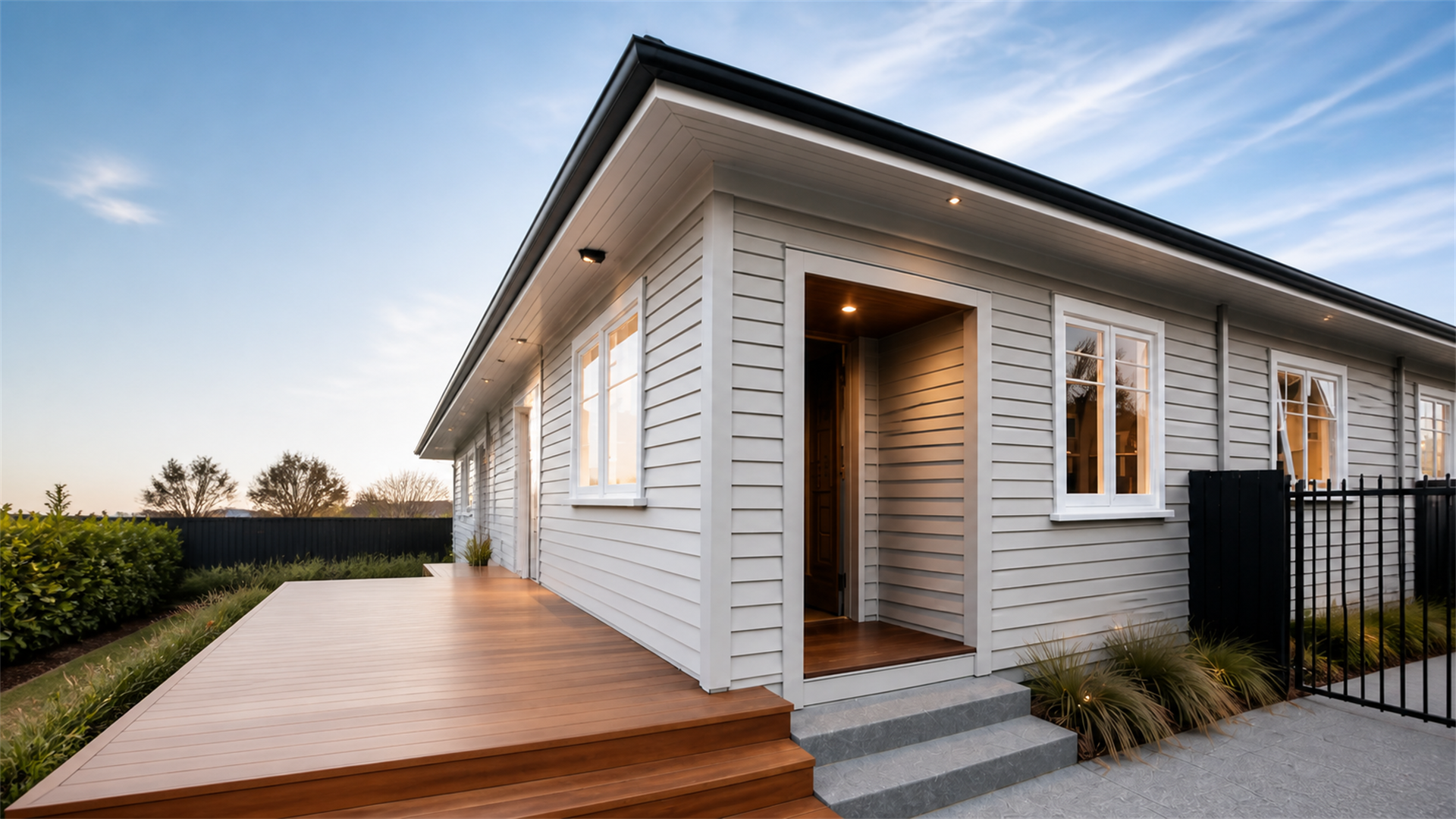 Freshly repainted single-storey weatherboard home with crisp white trim under a blue Canterbury sky